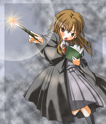  1girl absurdres blush book child grey_skirt harry_potter_(series) hermione_granger highres hogwarts_school_uniform kanon_(kurogane_knights) magical_girl necktie open_mouth school_uniform shirt skirt solo striped_clothes striped_necktie white_shirt witch wizarding_world 