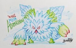  abomasnow artist_name commentary dated english_commentary full_body hand_on_ground highres ice limited_palette mega_abomasnow mega_pokemon no_humans open_mouth pokedex_number pokemon pokemon_(creature) pokemon_focus solo star_(symbol) traditional_media v-shaped_eyes white_background zerokirbyarts 
