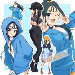  1girl :d :p ;d alternate_costume bare_shoulders black_eyes black_hair black_hat black_pants black_shirt blue_background blue_hoodie blush border brown_shoes brown_shorts character_name choppy_bangs closed_mouth commentary crossed_arms cube_hair_ornament double_v english_text grid_background hair_ornament hand_in_pocket hat heart highres hood hood_down hood_up hoodie lida_(pokemon) long_hair long_sleeves meru_merume603 one_eye_closed open_mouth orange_hat outline outside_border pants pokemon pokemon_legends:_z-a puffy_sleeves shirt shoes shorts smile socks tongue tongue_out v white_border white_outline 
