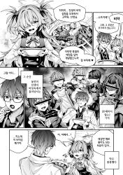  3boys 4girls absurdres arknights arknights:_endfield bar_censor bare_shoulders belle_(zenless_zone_zero) blue_archive bowl caelus_(honkai:_star_rail) censored censored_identity character_request clenched_hands closed_mouth collared_shirt commentary_request copyright_request dog_tags doll dress endministrator_(arknights) eous_(zenless_zone_zero) eye_mask female_endministrator_(arknights) flower genshin_impact glasses greyscale grin hair_flower hair_ornament halo hand_on_own_face highres holding holding_bowl holding_doll honkai:_star_rail honkai_(series) jacket kanoe_(blue_archive) korean_commentary korean_text long_hair looking_at_another lumine_(genshin_impact) male_rover_(wuthering_waves) mask monochrome multiple_boys multiple_girls open_clothes open_jacket open_mouth ribbon rover_(wuthering_waves) sensei_(blue_archive) shirt short_hair smile stew sweater trailblazer_(honkai:_star_rail) translation_request turtleneck turtleneck_shirt turtleneck_sweater two_side_up very_long_hair visu_02 wuthering_waves zenless_zone_zero 