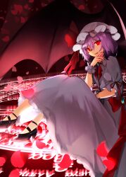  1girl ascot bat_wings black_shoes bow bowtie brooch commentary_request falling_petals fingernails hair_between_eyes hat hat_bow high_heels highres jewelry long_fingernails looking_at_viewer magic_circle mob_cap open_mouth petals purple_hair red_ascot red_bow red_bowtie red_eyes red_nails red_petals remilia_scarlet sharp_fingernails shirt shoes sitting skirt skirt_set smile solo touhou white_hat white_shirt white_skirt wings zarame0830 