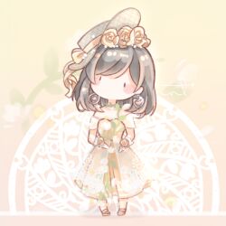  1girl anklet argyle_clothes argyle_hat bare_shoulders beads black_eyes blush_stickers bow chibi commentary dangle_earrings dress earrings floral_background floral_print flower flowering_dance_of_light_(shining_nikki) frilled_gloves frills gloves grey_hair grey_hat hair_beads hair_flower hair_ornament hands_on_lap hat hat_bow heart heart_earrings hoop_earrings interruption_(echo-023) jewelry looking_at_viewer medium_hair mismatched_earrings nikki_(series) no_mouth off-shoulder_dress off_shoulder print_dress rose see-through_clothes see-through_dress_layer shining_nikki shoes short_sleeves signature solid_oval_eyes solo standing sun_hat swept_bangs untranslatable_commentary white_gloves wrist_flower yellow_background yellow_bow yellow_dress yellow_flower yellow_rose yellow_shoes 