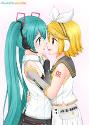  2girls aqua_eyes aqua_hair aqua_nails aqua_necktie black_skirt black_sleeves blonde_hair blue_eyes blush bow commentary_request detached_sleeves eye_contact fang fortissimo grey_sailor_collar grey_sleeves hair_bow hatsune_miku hatsune_miku_(vocaloid4) headphones headset kagamine_rin kagamine_rin_(vocaloid4) long_hair looking_at_another multiple_girls necktie number_tattoo open_mouth ryuuha sailor_collar shirt short_hair skirt sleeveless sleeveless_shirt tattoo twintails vocaloid white_bow white_shirt white_skirt yellow_nails yellow_necktie yellow_trim yuri 