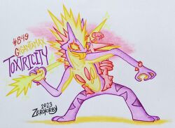  artist_name commentary dated dynamax english_commentary full_body gigantamax gigantamax_toxtricity highres holding holding_behind_back legs_apart limited_palette pokedex_number pokemon pokemon_(creature) pokemon_focus smile solo standing tongue tongue_out toxtricity traditional_media white_background zerokirbyarts 