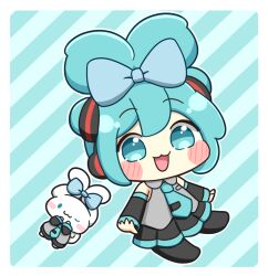  1girl :3 :d aqua_eyes aqua_hair aqua_necktie blue_bow blush_stickers border bow chibi chibi_only cinnamiku cinnamoroll commentary_request detached_sleeves full_body fuwa_fuwa_cinnamoroll hair_bow hatsune_miku necktie nukotun open_mouth outline sanrio short_hair smile updo vocaloid white_border white_outline 