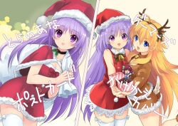  3girls :d ahoge alternate_costume angel_beats! animal_costume antlers asami_yuriko bare_shoulders bell blonde_hair blue_eyes blush bow bow_legwear box brown_jacket brown_shorts capelet chibi chibi_inset christmas commentary_request cowboy_shot dress dress_bow eyes_visible_through_hair fake_antlers fur-trimmed_capelet fur-trimmed_dress fur-trimmed_shorts fur_trim gift gift_box green_background green_bow green_eyes hair_between_eyes hair_bow hands_up happy hat holding holding_gift holding_sack horns irie_miyuki jacket jingle_bell lace-trimmed_dress lace_trim long_hair long_sleeves looking_at_viewer multiple_girls nakamura_yuri neck_bell open_mouth pom_pom_(clothes) purple_hair red_bow red_capelet red_dress reindeer_antlers reindeer_costume sack santa_costume santa_dress santa_hat sekine_shiori shinda_sekai_sensen_uniform short_dress short_shorts shorts sidelocks simple_background sleeveless sleeveless_dress smile sparkle thigh-highs translation_request very_long_hair violet_eyes white_bow white_thighhighs yellow_background zettai_ryouiki 