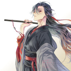  1boy bishounen black_hair black_hanfu chenqing_flute chinese_clothes closed_mouth coat commentary_request dizi floating_hair flute flute_tassel grandmaster_of_demonic_cultivation grey_coat hair_between_eyes hair_down hair_ribbon half_updo hanfu highres holding holding_flute holding_instrument instrument long_hair long_sleeves looking_at_viewer male_focus multicolored_hair off_shoulder official_alternate_costume official_alternate_hairstyle open_clothes open_coat over_shoulder red_eyes red_ribbon red_sash ribbon robe s_n_z_n sash simple_background solo tassel transverse_flute twitter_username upper_body watermark watermark_grid wei_wuxian wei_wuxian_(yiling_laozu) white_background wide_sleeves 