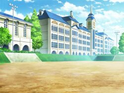  blue_sky building bush clock clock_tower clouds cloudy_sky day game_asset grass lamppost no_humans non-web_source official_art outdoors path road scenery school self-datamine sky stairs suisei_tenshi_primaveil_zwei tower tree visual_novel_cg window 