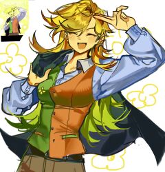  0916psy 1girl absurdres black_coat blonde_hair blush breasts brown_pants closed_eyes coat collared_shirt colored_skin deltarune facing_viewer flowery_(deltarune) genderswap genderswap_(mtf) green_vest highres holding holding_coat holding_unworn_clothes long_hair multicolored_vest open_clothes open_coat pants photo-referenced red_vest salute shirt simple_background skirt smile solo swept_bangs two-finger_salute two-tone_vest unworn_coat utdr_(toby_fox) vest white_background white_shirt yellow_skin 