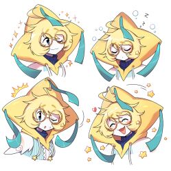  1other :3 :d :o ahoge androgynous blonde_hair blushily closed_mouth commentary cropped_shoulders dot_mouth drawstring english_commentary heart highres hood hood_up hoodie humanization jirachi multiple_expressions multiple_views no_sclera one_eye_closed pokemon round_eyewear short_hair simple_background smile star_(symbol) upper_body white_background yellow-framed_eyewear yellow_hoodie 