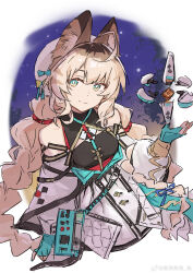  1girl absurdres ahoge animal_ear_fluff animal_ears aphrissa_(arknights) aqua_eyes aqua_gloves arknights bare_shoulders beret black_shirt blonde_hair braid bright_pupils cat_ears cat_girl chinese_commentary closed_mouth commentary_request detached_sleeves fingerless_gloves gloves hair_between_eyes hand_up hat highres jacket jiaojiaojiaojiao_yu long_hair long_sleeves looking_at_viewer object_floating_above_hand shirt smile solo twin_braids upper_body watermark weapon weibo_watermark white_hat white_jacket white_pupils white_sleeves 