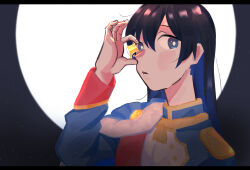  1girl absurdres alternate_hair_color black_hair blue_eyes blue_hair blue_jacket blush buttons colored_inner_hair commentary english_commentary fur-trimmed_jacket fur_trim hair_between_eyes hair_ornament highres holding holding_hair_ornament horizontal_spotlight jacket jacket_on_shoulders kagura_hikari letterboxed long_hair long_sleeves looking_at_viewer looking_to_the_side multicolored_hair multicolored_jacket parted_lips plain_epaulettes red_sash sash shoujo_kageki_revue_starlight shoulder_sash sideways_glance solo sparkle_hair_ornament star_(symbol) takano_daidokoro tassel two-tone_hair two-tone_jacket unworn_hair_ornament upper_body white_jacket yellow_trim 