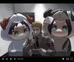  >:( >:) 2boys animal_costume animal_ears animal_hood armband beard_stubble blank_room_soup blonde_hair bowl chibi dog_ears eren_yeager facial_hair fake_video green_eyes hand_on_another's_shoulder highres holding holding_bowl holding_ladle hood indoors ladle male_focus marley_military_uniform media_player_interface multiple_boys open_mouth parody progress_bar red_armband reiner_braun shingeki_no_kyojin short_hair soup_ladle stubble sweat sweatdrop table timestamp toubun_teikou v-shaped_eyebrows youtube 