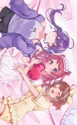  3girls ahoge black_shorts blush braid brown_hair camisole commentary_request gakuen_idolmaster hanami_saki hanami_ume heart highres idolmaster kaya_rinha long_hair lying multiple_girls on_back open_mouth pajamas pillow pink_pajamas purple_hair ribbon shirt short_sleeves shorts sleep_mask smile twintails two_side_up yellow_pajamas yukina_yotsuba 