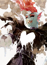  1girl absurdres armor black_sclera blue_skin breastplate colored_sclera colored_skin corogarucoromo dripping fins head_fins highres melting pauldrons red_hair sharp_teeth shoulder_armor simple_background slit_pupils smoke solo sweat teeth undertale undyne undyne_the_undying upper_body utdr_(toby_fox) white_background 