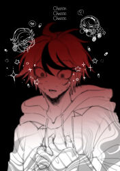 1girl 2boys absurdres ahoge aotsuki_eito black_background black_streaks chibi commentary_request english_text flying_sweatdrops glasses hand_on_own_chest heart highres hood hoodie jacket jacket_over_hoodie kirifuji_nozomi multicolored_hair multiple_boys nelt nervous_sweating open_mouth red_hair short_hair spoken_flying_sweatdrops spoken_heart streaked_hair sumino_takumi sweat the_hundred_line_-last_defense_academy- two-tone_hair wide-eyed 