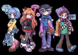  2boys 2girls :o alternate_costume angel_wings animal_ears arm_warmers ayanami_rei bag bandaid bandaid_on_face bandaid_on_nose baseball_cap bazukat_art black_arm_warmers black_background black_choker black_hat black_jacket black_shoes black_socks blue_bag blue_eyes blue_hair blue_hoodie blue_outline blue_pants blue_ribbon blue_shorts bob_cut braid brown_bag brown_hair brown_jacket brown_pants brown_shoes cat_ears cellphone character_hat charm_(object) choker closed_mouth clouds collared_shirt cosplay crocs drink earrings eva_01 eva_01_(cosplay) fishnet_pantyhose fishnets flip_phone full_body green_shirt grey_hair hair_between_eyes hair_ribbon half-closed_eyes hat headphones heart heart_earrings highres holding holding_bag holding_drink holding_key holding_phone hood hoodie ikari_shinji jacket jewelry key leg_warmers long_hair looking_at_phone looking_to_the_side mecha mini_wings multiple_boys multiple_girls nagisa_kaworu necklace neon_genesis_evangelion outline pants pantyhose phone pierced_hat pin pink_leg_warmers pink_outline pink_ribbon purple_arm_warmers purple_hat purple_outline rainbow red_eyes red_skirt ribbon robot shirt shoes short_hair shorts shoulder_bag simple_background skirt smile socks souryuu_asuka_langley speech_bubble striped_arm_warmers sun sweater t-shirt teeth thought_bubble two-tone_arm_warmers white_arm_warmers white_shoes wings yellow_sweater 