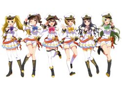 6+girls black_bow black_bowtie black_eyes black_hair black_shoes blonde_hair blue_bow blue_bowtie blue_eyes boots bow bowtie brown_eyes brown_hair buttons double-breasted emily_stewart frilled_skirt frills green_bow green_bowtie green_hair hat ibuki_tsubasa idol_clothes idolmaster idolmaster_million_live! jacket kasuga_mirai lace-up_boots lapels long_hair long_sleeves military_hat military_uniform miniskirt multiple_girls naval_dress_uniform naval_uniform non-web_source one_eye_closed one_night_cruise one_side_up open_mouth pink_bow pink_bowtie pink_eyes purple_bow purple_bowtie sash shimabara_elena shirt shoes short_hair short_shorts shorts shoulder_boards side_ponytail skirt sleeve_cuffs socks standing striped_clothes takayama_sayoko thigh-highs twintails violet_eyes wavy_hair white_jacket white_shirt white_shorts white_socks white_thighhighs yellow_bow yellow_bowtie yokoyama_nao 
