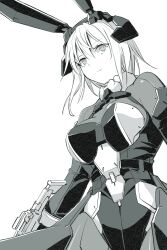  1girl absurdres android animal_ears blau_(mechanical_buddy_universe) breasts closed_mouth fake_animal_ears gun hair_between_eyes highres holding joints kato_takuji mechanical_arms mechanical_buddy_universe monochrome rabbit_ears robot_joints science_fiction short_hair simple_background weapon 