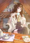  1girl absurdres biscuit book boots brown_eyes brown_hair candlestand chair cup curtains detached_sleeves fireplace flower highres kantai_collection kettle knife kongou_(kantai_collection) legs_crossed long_hair looking_at_viewer nontraditional_miko photo_(object) rose sitting solo table teacup thigh-highs thigh_boots xinuo223 