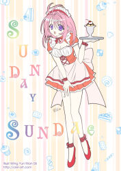  1girl ame_(amecon) amecon antenna_hair apron back_bow bow cake candy cherry commentary cross-laced_clothes cross-laced_dress cupcake dated doughnut dress english_commentary english_text flat_color food fruit full_body hand_up happy heart high_heels holding holding_tray ice_cream leg_up looking_at_viewer maid_headdress medium_hair neck_ribbon official_art open_mouth orange_dress pastel_colors pastry pink_hair promotional_art puffy_short_sleeves puffy_sleeves red_ribbon red_shoes ribbon shoes short_sleeves signature single_hair_intake smile solo striped_background sundae tray violet_eyes waitress wing_yun_man wrapped_candy wrist_ribbon 