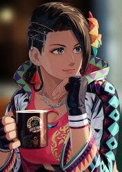  1girl azucena_milagros_ortiz_castillo black_gloves brown_hair coffee coffee_mug commentary crescent crescent_necklace cup dark-skinned_female dark_skin fingerless_gloves gloves highres holding holding_cup jewelry mug necklace short_hair solo tekken tekken_8 yagi2013 