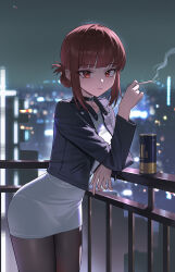  1girl absurdres beer_can black_jacket black_pantyhose can cigarette city city_lights closed_mouth dress drink_can ear_piercing highres holding holding_cigarette jacket leather leather_jacket looking_at_viewer low-tied_medium_hair night open_clothes open_jacket outdoors pantyhose piercing railing red_eyes red_hair sky smoke smoke_trail solo super_no_ura_de_yani_suu_futari tayama_(super_no_ura_de_yani_suu_futari) white_dress xzu 