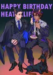  2boys animal_ears badge birthday_cake black_hair black_hat black_jacket black_necktie black_pants black_shoes black_suit blue_necktie brown_hair button_badge buttons cake cake_slice character_name chinese_commentary closed_mouth collared_shirt commentary_request curtained_hair dark-skinned_male dark_skin dog dog_boy dog_ears dog_tail english_text food food_on_face fork green_eyes hair_slicked_back happy_birthday hat heathcliff_(project_moon) highres holding holding_fork holding_leash holding_towel icing invisible_chair jacket jacket_on_shoulders jacket_partially_removed kemonomimi_mode killerohan leash legs_apart limbus_company long_sleeves looking_at_another male_focus meursault_(project_moon) multiple_boys necktie newsboy_cap official_alternate_costume open_clothes open_jacket pants parted_bangs project_moon scar scar_on_cheek scar_on_face scar_on_hand shirt shirt_tucked_in shoelaces shoes short_hair side-by-side sitting suit suit_jacket suit_pants tail towel very_short_hair violet_eyes wallet_chain white_shirt wiping_another's_face 