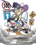  1girl ace_of_spades airplane alternate_hairstyle blonde_hair bmw boots bow braid canon_(company) citizen citizen_(company) gatling_gun goggles goggles_on_head green_eyes gun hat hat_bow highres hover_bike kirisame_marisa kitsuneno_denpachi puffy_sleeves road_sign shoei short_hair sign solo touhou us_air_force weapon witch_hat wrist_cuffs 