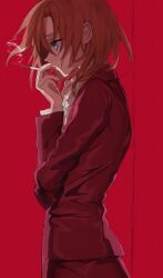  1girl aged_up bad_id bad_twitter_id blue_eyes cigarette formal_clothes from_side fuyu_(wldnrowldnro) higurashi_no_naku_koro_ni holding holding_cigarette inactive_account jacket long_sleeves medium_hair orange_hair profile red_background red_jacket red_suit ryuuguu_rena simple_background smoke smoking solo suit suit_jacket 