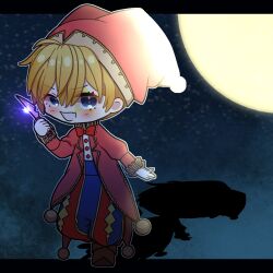  1boy argyle_clothes argyle_pants baggy_pants blonde_hair blue_eyes blue_panties bow bowtie chibi clown collar commentary_request dagger erifura evil_smile evillious_nendaiki eyelashes fang frilled_collar frilled_cuffs frills full_moon gloves gobanme_no_pierrot_(vocaloid) harlequin hat hat_bell highres holding holding_dagger holding_knife holding_weapon jacket jester jester_cap jester_costume kagamine_len knife lemy_abelard moon night open_mouth panties pants pointy_boots red_bow red_bowtie red_hat red_jacket red_pants red_suit short_hair skin_fang smile solo striped_clothes striped_pants suit two-tone_pants underwear vertical-striped_clothes vertical-striped_pants weapon white_gloves 