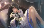  1girl bad_id barefoot black_hair braid detached_sleeves hand_on_own_cheek holding japanese_clothes kikivi kiseru legs_crossed long_hair lying mole mole_under_mouth on_bed original pillow pipe smoking_pipe solo violet_eyes 