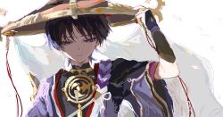  1boy armor black_bodysuit black_hair black_hat black_kimono black_sleeves blunt_ends bodysuit bright_pupils closed_mouth commentary_request covered_collarbone eyeliner furisode genshin_impact gold gold_trim hand_up hat highres japanese_armor japanese_clothes jewelry jingasa juban kimono kote kurokote layered_sleeves looking_down makeup male_focus mandarin_collar mitsudomoe_(shape) neck_ring open_clothes open_kimono painterly portrait purple_rope red_eyeliner red_hat red_kimono red_sleeves rope scaramouche_(genshin_impact) shimenawa solo tassel tomoe_(symbol) tsurime veil violet_eyes wawage9 white_background white_kimono white_pupils white_rope white_veil wispy_bangs 