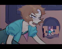  1girl animification blue_eyes canon_event crawling fake_doe forehead_jewel gem gem_(steven_universe) highres official_alternate_costume open_mouth pants pearl pearl_(steven_universe) pointy_nose screenshot_inset shirt short_hair solo steven_universe 