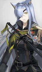  1girl arknights barach black_jacket blue_hair blue_lips cat_girl closed_mouth commentary commission duke_of_windermere_(arknights) epaulettes eyepatch fringe_trim green_sash hair_intakes hair_over_one_eye high_collar highres holding holding_sheath holding_sword holding_weapon jacket long_hair looking_at_viewer medal pixiv_commission sash scar scar_on_face sheath solo sword upper_body very_long_hair weapon yellow_eyes 