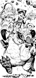  1girl 2others :d armpits baggy_pants basket beak black_eyes black_hair blunt_bangs blush breasts bright_pupils buck_teeth bug chatacabra_(armor) choker commentary_request crop_top crop_top_overhang cropped_jacket feathers felyne gloves goggles goggles_on_head greyscale happy highres hood hooded_jacket ireading jacket large_breasts looking_ahead looking_at_another medium_hair midriff monochrome monster_hunter_(character) monster_hunter_(series) monster_hunter_wilds multiple_others mushroom navel open_mouth pants raised_inner_eyebrows riding riding_animal saddle seikret_(monster_hunter) shoes simple_background sleeveless sleeveless_jacket smile sparkle talons teeth tongue tongue_out white_background white_pupils 