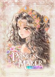  1girl artist_request bouquet braid braided_bun circlet dress grey_hair hair_bun highres holding holding_bouquet light_smile long_hair official_art parted_lips portrait princess princess_maker:_children_of_revelation princess_maker_(series) solo tiara upper_body wavy_hair yellow_eyes 
