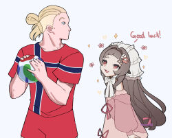  1boy 1girl 2026_fifa_world_cup ball bare_shoulders blonde_hair blue_eyes brown_hair commentary cowboy_shot dress english_commentary erling_haaland essie_(vtuber) hair_ornament highres indie_virtual_youtuber long_hair long_sleeves norwegian_flag norwegian_flag_print norwegian_national_soccer_team_uniform pink_dress real_life red_eyes red_shirt red_shorts sheep_hair_ornament shirt short_sleeves shorts simple_background soccer soccer_ball soccer_shirt soccer_uniform sportswear trionda very_long_hair white_background wide_sleeves world_cup 