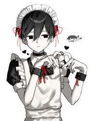  1boy apron black_nails black_wrist_cuffs closed_mouth colored_skin commentary_request crossdressing crossdressing_(mtf) dated double-parted_bangs enmaided expressionless four-finger_heart_hands hair_between_eyes heart heart_hands highres jooee4124 looking_at_viewer maid maid_apron maid_day maid_headdress male_focus male_maid omori omori_(omori) puffy_short_sleeves puffy_sleeves short_sleeves solo white_skin wrist_cuffs 