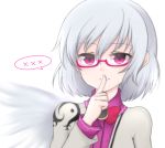  1girl bespectacled finger_to_mouth glasses kishin_sagume looking_at_viewer red-framed_glasses shiohachi short_hair simple_background single_wing smile solo touhou upper_body violet_eyes white_background white_hair wings 
