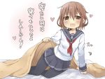  1girl amaa_(chou_dennou_jidai) blush brown_eyes brown_hair commentary_request fang futon hair_ornament hairclip heart ikazuchi_(kantai_collection) kantai_collection lifting_covers looking_at_viewer lying neckerchief on_side open_mouth pantyhose school_uniform serafuku short_hair skirt translation_request 