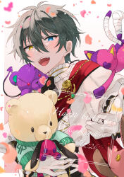  1boy blue_eyes character_name commentary_request dated demon_tail ensemble_stars! frilled_shirt_collar frills gloves green_hair green_sweater hair_between_eyes happy_birthday heart heterochromia highres holding holding_stuffed_toy kagehira_mika looking_at_viewer male_focus mizuki1103 offering_hand official_alternate_costume open_mouth petals pink_petals short_hair smile solo stuffed_animal stuffed_cat stuffed_toy sweater tail teddy_bear teeth upper_body upper_teeth_only white_gloves yellow_eyes 