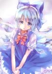  1girl absurdres blue_dress blue_eyes blue_hair bow cirno dress hair_bow highres hoshi_no_yurara_(xxberry_0x0) ice ice_wings looking_at_viewer open_mouth puffy_short_sleeves puffy_sleeves shirt short_hair short_sleeves solo touhou v_arms wings 