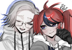  2girls ahoge aotsuki_eito black_gloves black_jacket black_streaks cheek_pull commentary_request genderswap genderswap_(mtf) glasses gloves grey_eyes grey_hair grey_jacket hood hoodie jacket jacket_over_hoodie long_hair looking_at_another lower_teeth_only multicolored_hair multicolored_jacket multiple_girls nelt one_eye_closed red_hair side_ponytail streaked_hair sumino_takumi teeth the_hundred_line_-last_defense_academy- twintails two-tone_hair two-tone_jacket white_background white_hoodie white_jacket 