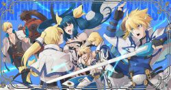  1girl 6+boys arm_up asymmetrical_wings bare_shoulders belt belt_buckle black_gloves black_pants black_shirt blonde_hair blue_background blue_eyes blue_gloves blue_hair blue_trim blush brown_belt brown_hair buckle capelet closed_eyes closed_mouth coat commentary_request cross cross_necklace cross_tie detached_collar dizzy_(guilty_gear) electricity electrokinesis eyepatch facing_another fingerless_gloves gloves gold_necklace guilty_gear guilty_gear_2 guilty_gear_strive guilty_gear_xrd guilty_gear_xx hair_between_eyes hair_ribbon hair_rings happy_birthday headband holding holding_hands holding_sword holding_weapon jacket jacket_on_shoulders jewelry ky_kiske long_hair looking_at_another male_focus multiple_boys muscular necklace open_mouth pants partially_fingerless_gloves pectoral_cleavage pectorals ponytail red_jacket ribbon shirt short_hair sin_kiske smile sol_badguy spiky_hair sword tometo_pot twintails weapon white_capelet white_coat white_jacket white_pants wings yellow_ribbon 