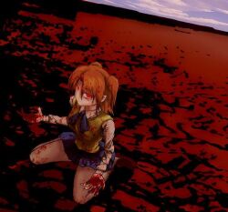  1girl 2015 arms_at_sides asgorochan blood blood_on_hand blue_ribbon blue_skirt brown_hair brown_shoes collared_shirt curtained_hair depletion_garden glaring glowing glowing_eyes looking_at_viewer lowres misaki_municipal_high_school_uniform on_floor plaid_clothes plaid_skirt ribbon school_uniform shirt shoes sitting skirt solo thighs tsukihime two_side_up vampire vest wariza white_shirt wing_collar yellow_vest yumizuka_satsuki 
