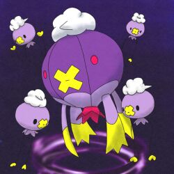  commentary_request dark drifblim drifloon evolutionary_line floating full_body highres no_humans notodono pokemon pokemon_(creature) pokemon_focus purple_background simple_background whirlpool 