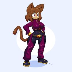  1girl :3 absurdres animal_ears arms_behind_back belt black_bodysuit black_boots blue_background bodysuit boots breasts brown_hair cat_ears cat_girl cat_tail chaps collarbone commentary cosplay creative_signature cropped_jacket english_commentary eyelashes full_body furry furry_female gameoverse gloves gunshad hair_between_eyes hands_on_own_hips highres jacket kit_bodega kula_diamond kula_diamond_(cosplay) large_breasts long_eyelashes long_sleeves purple_jacket red_eyes short_hair sidelocks signature simple_background smile tail the_king_of_fighters the_king_of_fighters_2000 turtleneck turtleneck_jacket wide_hips yellow_gloves 