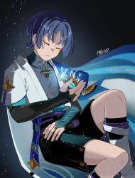  1boy absurdres anemo_symbol_(genshin_impact) aqua_gem aqua_trim armor belt black_background black_belt black_bow black_bridal_gauntlets black_shorts blue_cape blue_sleeves blunt_ends bow bridal_gauntlets cape choppy_bangs closed_eyes clothing_cutout colored_inner_hair commentary_request core covered_collarbone eyeliner facing_down facing_object feathers fingernails furisode gem genshin_impact glowing_object gold gold_ring grey_hair highres hip_vent japanese_armor japanese_clothes kimono kote kurokote layered_sleeves leg_warmers makeup male_focus mandarin_collar middle_ring multicolored_hair natumemadara1 open_clothes open_hand open_kimono parted_lips pom_pom_(clothes) purple_hair purple_rope purple_sash red_eyeliner rope sash scaramouche_(genshin_impact) short_sleeves shorts shoulder_peek side_cape signature solo wanderer_(genshin_impact) white_kimono white_leg_warmers white_mouth white_sleeves white_trim yellow_feathers 