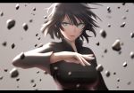  1girl arm_up black_dress black_hair breasts dress female fubuki_(one-punch_man) green_eyes large_breasts looking_at_viewer one-punch_man rubble short_hair siraha solo 